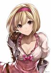  armor arms_behind_back blonde_hair blush bow bowtie breasts brown_eyes cleavage collarbone commentary_request djeeta_(granblue_fantasy) dress fighter_(granblue_fantasy) gauntlets granblue_fantasy hairband head_tilt heart ichitsuki_taka looking_at_viewer medium_breasts pink_dress pink_hairband puffy_short_sleeves puffy_sleeves short_hair short_sleeves smile upper_body 