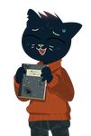  anthro cat clothed clothing equestria_prevails_(artist) eyes_closed feline female fully_clothed mae_(nitw) mammal night_in_the_woods notched_ear notebook smile solo sweat sweater 