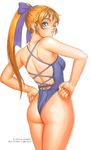  ass blonde_hair blue_swimsuit breasts clenched_hands cowboy_shot hair_ribbon hands_on_hips high_ponytail highleg junis long_hair looking_at_viewer looking_back non-web_source one-piece_swimsuit one_eye_closed ribbon sengoku_ace sengoku_ace_episode_ii simple_background small_breasts solo swimsuit tsukasa_jun white_background 
