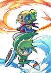  1girl aura belt blonde_hair blue_eyes dark_skin holding holding_sword holding_weapon left-handed link looking_at_viewer open_mouth pointy_ears rariatto_(ganguri) scarf shield simple_background sword tetra the_legend_of_zelda the_legend_of_zelda:_the_wind_waker toon_link weapon white_background 