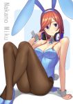  1girl 3: animal_ears arm_support ass bangs bare_shoulders black_legwear blue_bow blue_eyes blue_footwear blue_leotard bow breasts bunny_ears bunny_girl bunny_tail bunnysuit character_name cleavage closed_mouth collarbone commentary crossed_ankles detached_collar fake_animal_ears fake_tail frown go-toubun_no_hanayome head_tilt headphones headphones_around_neck high_heels knees_up leotard long_hair medium_breasts nakano_miku orange_hair pantyhose polka_dot polka_dot_background revision saiste sitting solo strapless strapless_leotard swept_bangs tail wrist_cuffs 