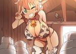  absurdres animal_ears animal_print bell bell_collar bent_over bikini blush breasts bural_chingu collar cow_bell cow_ears cow_girl cow_print cow_tail ear_tag grin ham_na-bi hand_on_own_thigh highres huge_breasts luke_(dydansgur) milk navel one_eye_closed original smile solo sweat swimsuit tail tail_raised v 