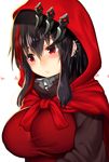  black_hair blush breasts closed_mouth hood hood_up large_breasts looking_away mofuaki multicolored_hair original red_eyes red_hair short_hair solo upper_body 