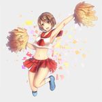  absurdres armpits bare_shoulders blue_footwear breasts cheering cheerleader collarbone eyebrows_visible_through_hair full_body grey_background hair_between_eyes highres jumping looking_at_viewer medium_breasts meiko navel open_mouth outstretched_arm pom_poms red_eyes red_hair red_skirt shoes skirt sneakers solo vocaloid white_legwear yen-mi 