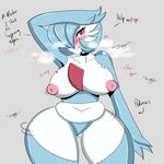  &lt;3 &lt;3_eyes 2016 ? alternate_color alternate_version_available areola beauty_mark big_breasts blush breasts clothed clothing dialogue english_text female gardevoir grey_background hair hand_over_head hi_res humanoid looking_at_viewer nintendo nipples not_furry npcxxx panties panting partially_clothed pok&eacute;mon simple_background solo text thick_thighs tongue tongue_out underwear video_games 