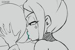  animated animated_gif anus artist_name ass bard-bot bouncing_breasts breasts cerebella_(skullgirls) cleavage filia_(skullgirls) grey_background huge_ass kiss large_breasts lipstick long_hair looking_at_viewer makeup monochrome multiple_girls parted_lips pussy reference_work saliva saliva_trail signature sketch skullgirls smile yuri 