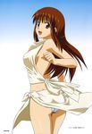  90s ass brown_eyes brown_hair clenched_hand covered_nipples cowboy_shot doi_shizuha gradient gradient_background highres long_hair looking_at_viewer no_bra non-web_source official_art open_mouth page_number panties pantyshot pantyshot_(standing) solo standing stratos_4 underwear white_panties yamauchi_noriyasu 