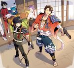  aiming arrow black_hair blue_hair bow_(weapon) brown_hair drawing_bow glasses gloves gun handgun holding holding_arrow holding_bow_(weapon) holding_weapon horikawa_kunihiro kasen_kanesada kotegiri_gou male_focus multicolored multicolored_clothes multiple_boys mutsu-no-kami_yoshiyuki one_eye_closed outstretched_arm partly_fingerless_gloves pistol pointing_weapon purple_hair sarashi sayo_samonji short_hair shouji sliding_doors t_k_g touken_ranbu weapon 