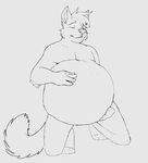  2017 abdominal_bulge animated anthro belly belly_jiggle big_belly burping canine fur hands_on_belly kneeling leo_(thetwfz) licking licking_lips male mammal monochrome simple_background smile teeth tongue tongue_out vore wolf zyyphelze 