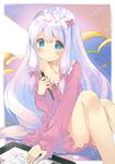  absurdres blue_eyes bow closed_mouth collarbone eromanga_sensei flat_chest frown gradient_hair hair_bow hand_on_own_chest highres izumi_sagiri lavender_hair long_hair long_sleeves looking_at_viewer mitsumi_misato multicolored_hair off_shoulder pajamas pink_hair scan sidelocks sitting solo stylus tablet_pc two-tone_hair very_long_hair 