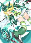  :d akatsuki_kirika ass bare_shoulders blonde_hair blush boots bow breasts char commentary_request dutch_angle elbow_gloves eyebrows_visible_through_hair from_behind gloves glowing green_eyes headgear highres holding holding_weapon leotard looking_at_viewer looking_back medium_breasts open_mouth scythe senki_zesshou_symphogear short_hair skirt smile solo striped striped_legwear thighhighs weapon 