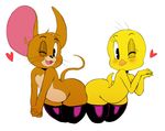  &lt;3 anthro avian bent_over bird blush clothing eyelashes fur girly jerry_(tom_&amp;_jerry) legwear looking_at_viewer looney_tunes male male/male mammal mouse one_eye_closed rodent simple_background sssonic2 stockings thick_thighs tweety_bird warner_brothers whiskers wink 
