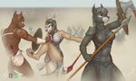  2017 absurd_res anthro armor blood blue_eyes braided_hair breasts canine cleavage clothed clothing digital_media_(artwork) duo_focus female for_honor fur green_eyes group hair hi_res holding_object holding_weapon long_hair male mammal melee_weapon open_mouth reaper3d shield simple_background speak unconvincing_armor weapon wolf 