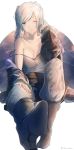 1girl boots breasts cleavage female_my_unit_(fire_emblem:_kakusei) fire_emblem fire_emblem:_kakusei highres long_sleeves medium_breasts my_unit_(fire_emblem:_kakusei) nintendo one_eye_closed pants parted_lips sitting snk_anm solo strap_slip twitter_username white_hair 