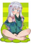  absurdres bare_legs barefoot blue_eyes blush bow closed_mouth eromanga_sensei full_body hair_bow halftone halftone_background hand_to_own_mouth highres indian_style izumi_sagiri long_hair multicolored_hair off_shoulder outside_border pink_hair scan sidelocks silver_hair sitting sleeves_past_wrists smile solo tamori_tadaji two-tone_hair 