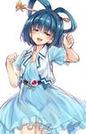  :d bangs blue_dress blue_eyes blue_hair blush cowboy_shot dress eyebrows_visible_through_hair hair_ornament hair_rings hair_stick hand_up highres kaku_seiga looking_at_viewer open_mouth short_hair short_sleeves simple_background sleeveless smile solo touhou usotsuki_penta white_background 