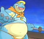  beckoning belly blush boat clothing crocodile crocodilian fupa lates makara male navel night obese one_eye_closed overweight reptile scalie sea speedo swimsuit tokyo_afterschool_summoners vehicle water wink 