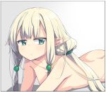  1girl akino_sora ass bangs black_border blonde_hair blunt_bangs blush border breasts butt_crack closed_mouth commentary_request elf eyebrows_visible_through_hair gradient gradient_background green_eyes grey_background jitome long_hair looking_at_viewer low-tied_long_hair nude original pointy_ears small_breasts solo 