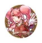  breastplate circlet copyright_name fire_emblem fire_emblem_echoes:_mou_hitori_no_eiyuuou gloves long_hair mae_(fire_emblem) one_eye_closed open_mouth pink_hair red_eyes simple_background solo teeth twintails white_background yukimiyuki 