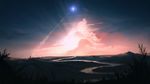  anonamos cloud commentary grass highres horizon launch_pad mountain no_humans outdoors river rocket scenery sky space_craft star_(sky) starry_sky 