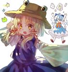  ahoge arms_up bangs blonde_hair blue_eyes blue_hair bow brown_hat cirno frog frozen_frog hair_bow hair_ribbon hat ice ice_wings long_sleeves looking_at_viewer moriya_suwako multiple_girls open_mouth peipei puffy_short_sleeves puffy_sleeves purple_skirt red_ribbon ribbon short_sleeves simple_background skirt skirt_set smile star touhou tress_ribbon vest white_background wide_sleeves wings yellow_eyes 
