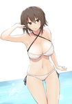  absurdres ass_visible_through_thighs bare_shoulders bikini blush breasts brown_eyes brown_hair cleavage collarbone criss-cross_halter girls_und_panzer halterneck hand_in_hair highres large_breasts muteki_soda navel nishizumi_maho open_mouth shiny shiny_hair short_hair side-tie_bikini signature solo swimsuit underboob water white_bikini 