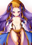  &gt;:) areolae blush chinese_clothes collarbone covering_nipples crown fate/grand_order fate_(series) flat_chest gloves hanfu headpiece highres long_hair long_sleeves looking_at_viewer morokoshi_(tekku) navel pelvic_curtain purple_eyes purple_gloves purple_hair ribbon shawl smile solo thighs v-shaped_eyebrows very_long_hair wide_sleeves wu_zetian_(fate/grand_order) 