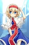  alice_margatroid arm_up bangs blonde_hair blue_eyes capelet cowboy_shot eyebrows_visible_through_hair hair_between_eyes hairband hand_up highres looking_at_viewer necktie open_mouth red_neckwear sash short_hair solo touhou usotsuki_penta white_capelet 