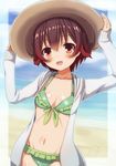  :d ai_ai_gasa bikini breasts brown_hair cowboy_shot frilled_bikini frills front-tie_top gradient_hair green_bikini groin hat jacket jewelry kantai_collection looking_at_viewer multicolored_hair mutsuki_(kantai_collection) navel ootori_(kyoya-ohtori) open_mouth red_hair ring sand_writing short_hair small_breasts smile solo sun_hat swimsuit translated wedding_band white_jacket 