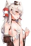  :o amatsukaze_(kantai_collection) bangs black_hairband black_hat blush brown_choker brown_shirt choker collarbone eyebrows_visible_through_hair flat_chest gloves hair_tubes hairband hat kantai_collection long_hair long_sleeves looking_at_viewer mini_hat navel nipple_piercing nipples off_shoulder open_clothes open_mouth open_shirt piercing shirt simple_background single_glove solo stomach suspenders suspenders_pull topless two_side_up unbuttoned unbuttoned_shirt upper_body white_background white_gloves yellow_eyes yumekii 