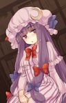  bangs blue_bow blush bow bowtie capelet cowboy_shot crescent crescent_moon_pin dress eyebrows_visible_through_hair hair_bow hat hat_bow highres long_hair long_sleeves looking_at_viewer mob_cap patchouli_knowledge pink_hat purple_eyes purple_hair red_bow red_neckwear sidelocks solo striped striped_dress touhou usotsuki_penta very_long_hair 