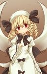  bangs black_bow black_neckwear blonde_hair bow bowtie brown_background brown_eyes chestnut_mouth dress drill_hair eyebrows_visible_through_hair fairy_wings hair_between_eyes hat highres juliet_sleeves long_sleeves looking_at_viewer luna_child puffy_sleeves simple_background solo touhou usotsuki_penta white_dress wide_sleeves wings 