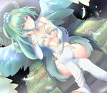  angel angel_wings breasts cleavage feathered_wings four_goddesses_online:_cyber_dimension_neptune green_hair green_heart highres large_breasts linyu long_hair looking_at_viewer navel neptune_(series) ponytail purple_eyes solo symbol-shaped_pupils very_long_hair white_wings wings 