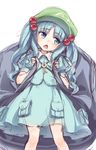  backpack bag bangs blue_eyes blue_hair blue_skirt eyebrows_visible_through_hair green_hat hair_bobbles hair_ornament hat highres kawashiro_nitori key looking_to_the_side open_mouth pouch short_sleeves simple_background skirt skirt_set solo standing touhou twintails usotsuki_penta white_background 