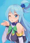  ;o aqua_(konosuba) bangs bare_shoulders blue_background blue_choker blue_eyes blue_hair blue_neckwear blush bow bowtie breasts brooch choker commentary_request detached_sleeves eyebrows_visible_through_hair frilled_choker frills gem green_bow green_neckwear hair_bobbles hair_ornament hair_rings highres jewelry kono_subarashii_sekai_ni_shukufuku_wo! long_hair long_sleeves looking_at_viewer medium_breasts one_eye_closed open_mouth palms simple_background solo tam-u tsurime upper_body very_long_hair 