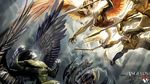  3boys angel angel_wings armor cloud cloudy_sky demon feathered_wings fighting_stance highres image_comics jackie_estacado light_rays mask monster multiple_boys multiple_girls polearm sky spear sunbeam sunlight sword teeth the_angelus the_darkness the_darkness_(character) weapon wings 