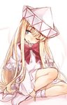  bangs blonde_hair blue_eyes bow bowtie capelet eyebrows_visible_through_hair full_body hair_between_eyes hat highres lily_white long_hair long_sleeves looking_at_viewer no_shoes one_eye_closed open_mouth red_bow red_neckwear sidelocks sitting socks solo touhou usotsuki_penta very_long_hair white_background white_legwear 