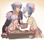  2girls apron blue_hair commentary cooking egg egg_yolk family fire_emblem fire_emblem_if grin hair_bun lazward_(fire_emblem_if) multiple_girls parent_and_child pieri_(fire_emblem_if) shy_(ribboneels) smile soleil_(fire_emblem_if) two_side_up whisk 