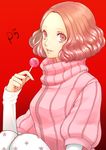  brown_eyes brown_hair candy commentary_request floral_print flower food hitoki_(kokusei1977) lollipop long_sleeves okumura_haru pantyhose persona persona_5 pink_sweater print_legwear red_background short_hair smile solo sweater turtleneck turtleneck_sweater white_legwear 