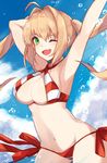  ;d ahoge arm_behind_head arm_up armpits artist_name bikini blonde_hair blue_sky blush breasts cloud criss-cross_halter day fate/grand_order fate_(series) green_eyes halterneck highres large_breasts long_hair looking_at_viewer navel nero_claudius_(fate)_(all) nero_claudius_(swimsuit_caster)_(fate) ocean one_eye_closed open_mouth saika_(saika_nyan) side-tie_bikini sky smile solo striped striped_bikini swimsuit twintails 