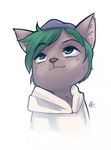  2017 alec8ter anthro bust_portrait cat chest_tuft clothed clothing feline freckles green_eyes green_hair hair hat hoodie inner_ear_fluff looking_up male mammal portrait signature simple_background solo theo_(rozerem) tuft white_background 