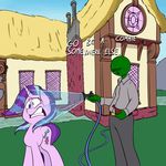  2017 anon anontheanon blue_eyes building cutie_mark duo english_text equine female feral friendship_is_magic grass hair horn hose house human mammal multicolored_hair my_little_pony outside starlight_glimmer_(mlp) text two_tone_hair unicorn wet_mane 