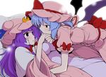  bat_wings blue_hair blue_ribbon blush bow crescent eichi_yuu hair_bow hand_kiss hat hat_bow hat_ribbon kiss long_hair looking_at_another lying mob_cap multiple_girls on_back open_mouth patchouli_knowledge pillow pink_hat pointy_ears purple_eyes purple_hair red_bow red_ribbon remilia_scarlet ribbon short_hair short_sleeves surprised touhou white_background wide_sleeves wings yuri 