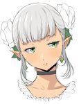  choker commentary earrings elf enami_katsumi flower green_eyes grey_hair hair_flower hair_ornament highres isekai_shokudou jewelry pointy_ears victoria_samanark 