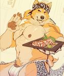  2017 anthro bare_chest biceps blonde_hair brown_eyes bulge canine chest_tuft clothed clothing dog food fur hair headband looking_at_viewer male mammal muscular nipples pawpads plate scar shiba_inu simple_background smile sushi topless tuft underwear waiter wasabi werethrope yellow_fur 