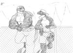  2013 anthro backwards_baseball_cap baseball_cap biceps biped black_and_white brother brothers cetacean clothed clothing cloud dorsal_fin duo eye_contact fence fin front_view hat male mammal marine mark_(stripes) modem_redpill monochrome muscular muscular_male navel open_mouth orca outside pants pecs pencil_(artwork) shorts sibling signature topless traditional_media_(artwork) tree whale xavier_(stripes) 