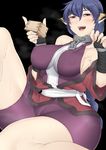  animal_ears armpit_peek bare_legs bare_shoulders black_background blue_eyes blue_hair blush bodysuit braid breasts breath bridal_gauntlets chain collar commentary_request covered_nipples crotch_seam cup hair_between_eyes half-closed_eyes hands_up highres hips holding holding_cup impossible_clothes karura_(utawareru_mono) knee_up large_breasts long_hair looking_at_viewer metal_collar nicutoka open_mouth sideboob simple_background sitting skin_tight sleeveless smile solo sweat teasing thighs utawareru_mono 
