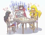  blake_belladonna card crying exhausted hug iesupa multiple_girls pantyhose ruby_rose rwby sitting sitting_on_lap sitting_on_person sparkle tabletop_game thighhighs weiss_schnee yang_xiao_long 