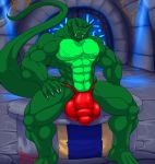  2019 5_fingers abs anthro balls belialos biceps big_balls black_sclera bulge claws clothed clothing erection green_skin grin hand_on_hip humanoid_penis hungothenomster looking_at_viewer male multicolored_skin muscular muscular_male muscular_thighs nipples pecs penis penis_outline pink_eyes reptile scalie sharp_teeth sitting smile snake solo teeth thick_penis tight_underwear topless two_tone_skin underwear 