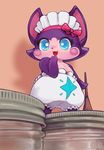  2017 3_fingers anthro big_ears blue_eyes clothed clothing cocotama cute_fangs eyelashes female fur himitsu_no_cocotama holding_object maid_uniform multicolored_fur open_mouth panties patarina pink_fur purple_fur signature solo standing tongue two_tone_fur underwear uniform のうせん 